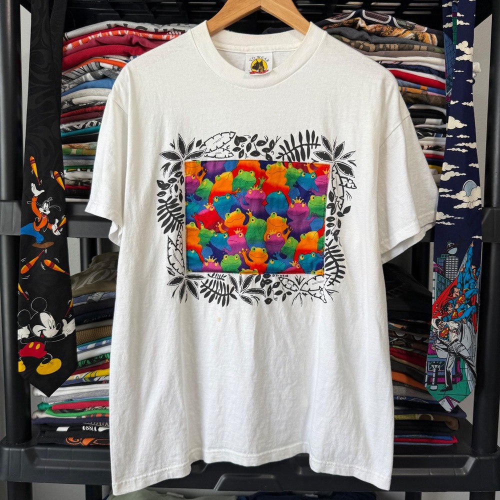 Vintage White Yo Wear Rainbow Frog Graphic T-Shirt Large Light Marks